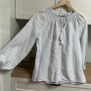 Joie Peasant Linen Blouse Womens M Blue White Floral Embroidered Tassels Cottage
